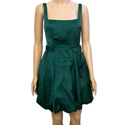 Francescas Satin Bubble Hem Mini Dress Medium Green Bow Floral Jacquard Coquette