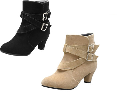 Damen Kitten Heels Stiefeletten mit Schnallen und 5cm Absatz Chunky Heels Schuhe