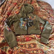 S Ed Hardy Hoodie Green Olive Blue Full Zip Crop Cropped Sweatshirt Butterfly