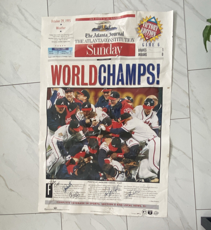  Atlanta Journal Constitution Braves World Champs 10/29/95 poster  Autographed