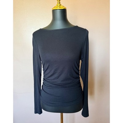 H&M Divided Long Sleeve Top Women Large Black Ruched Boat Neck Ecovero