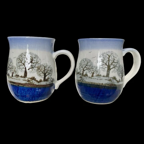 Vintage Otagiri Pottery Mugs Trees Art Pottery  4" Set Of 2 Japan Birds