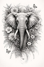 Elephant Floral Line Art Botanical Poster Print Framed Canvas Wall Art