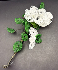 Vintage Handmade French Glass Seed Beaded White Roses on Stem