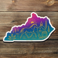 Kentucky State Sticker   Gold Foil Horse  Barn Vinyl Decal with Sunset Sky