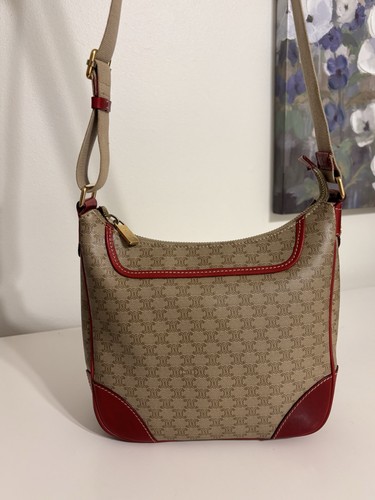 Celine Vintage Macadam Shoulder/crossbody bag Red Leather Beige PVC Italy