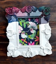 Hummingbirds & Flowers mini art print in colorful vintage style ornate frame