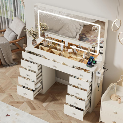 Elegant White Makeup Vanity with 11 Drawers & Adjustable LED Mirror Lights