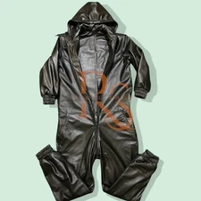 Men's Hood Style Black Leather Jumpsuit Genuine Soft Lambskin Leather Jumpsuit