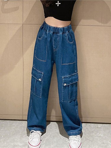 Kids Girls Jeans Elastic Waist Pants Denim Pants Casual Trousers with Pockets - Picture 9 of 13