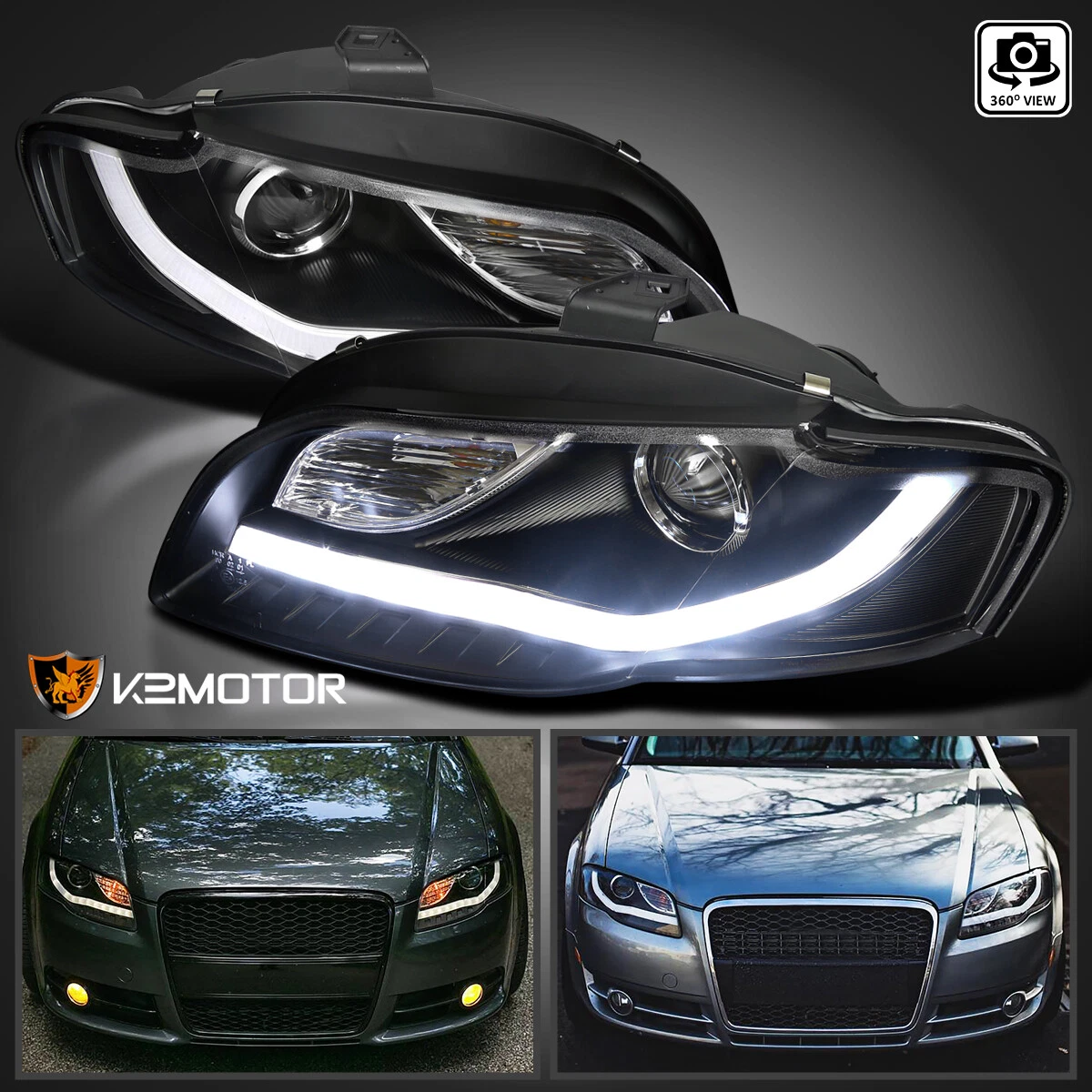 Black Fits 2006 2008 Audi A4 LED Tube Projector Headlights Lamps
