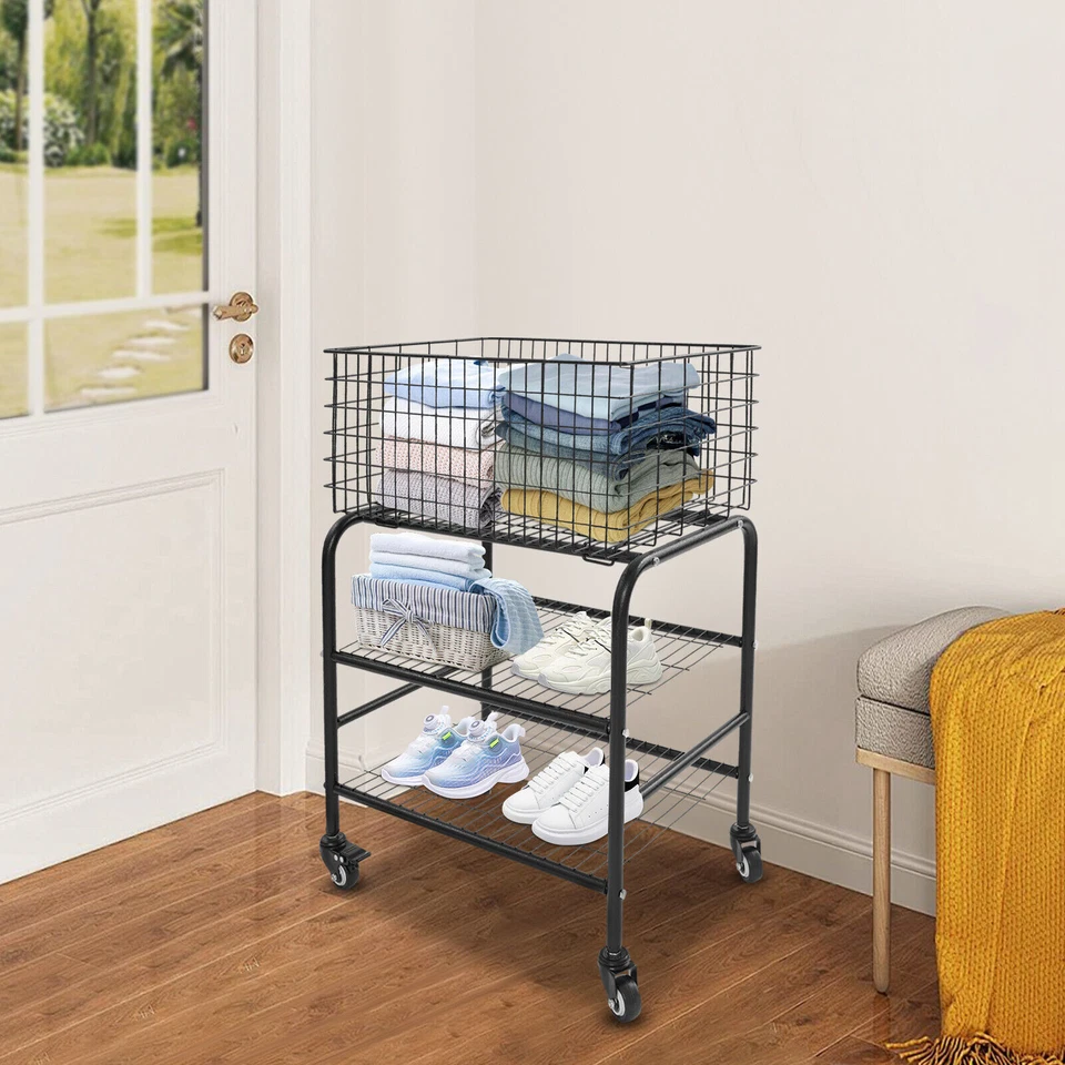 Rolling Laundry Basket, 3 Tiers-Garment Storage Cart, Garment Metal Rack US - Image 2 of 4