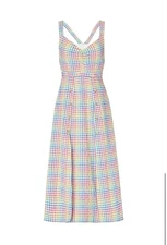 Saloni Anya Gingham Rainbow Midi Dress $575 SZ 12 Designer Sleeveless