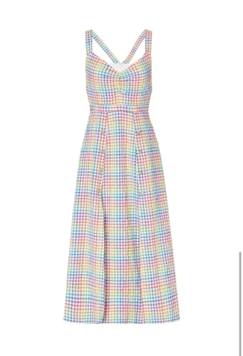 Saloni Anya Gingham Rainbow Midi Dress $575 SZ 12 Designer Sleeveless