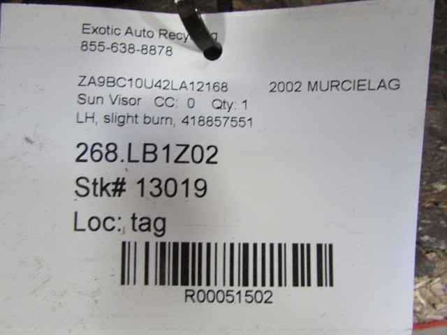 Lamborghini Murcielago, LH, Left Sun Visor, Used, Slight Burn, P/N 418857551
