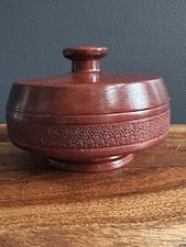 Hand Turned Wood Carved Signed Trinket Box Kitchen Sugar Bowl w Lid 5  X 3.75  