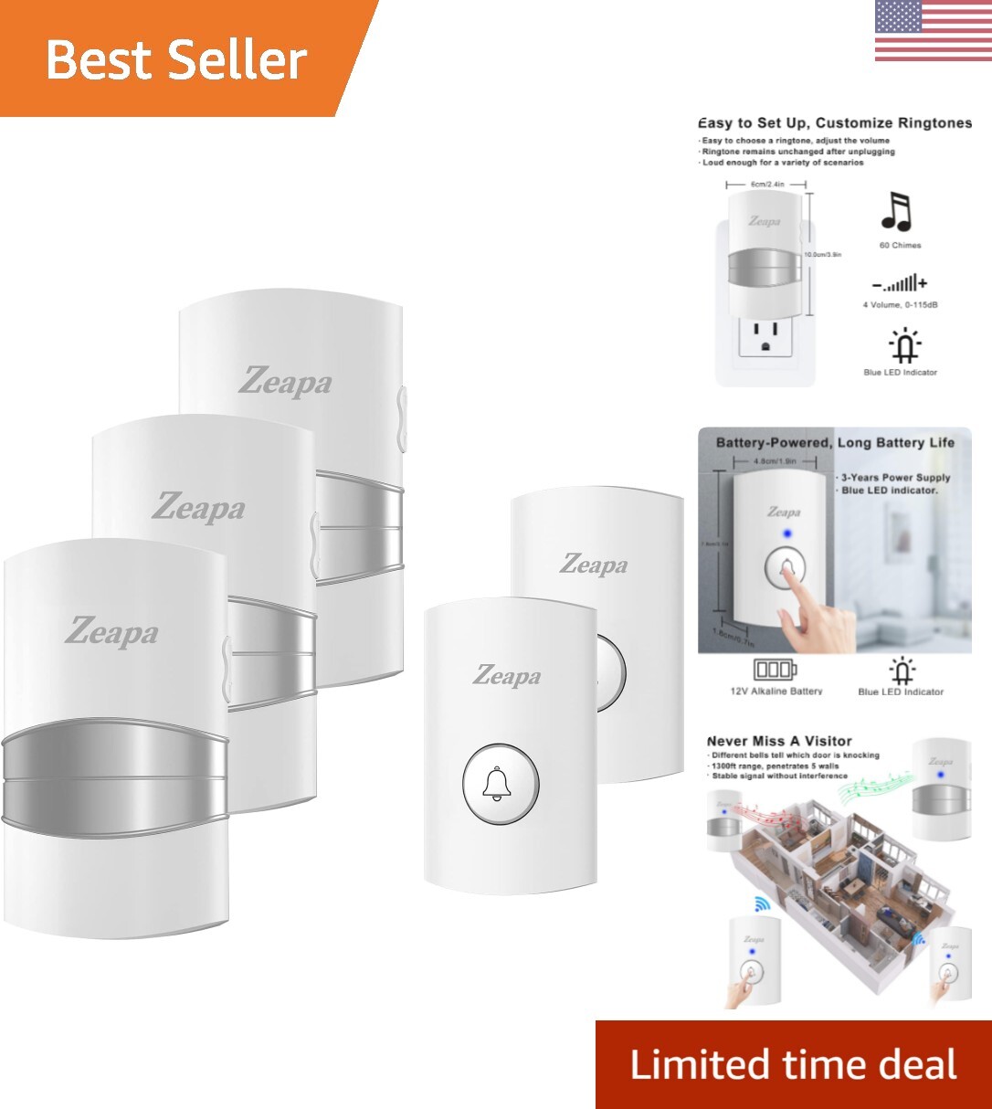 3-Receiver Wireless Doorbell Kit with 2 Transmitters, 1300ft Range & 60 Melodies-image