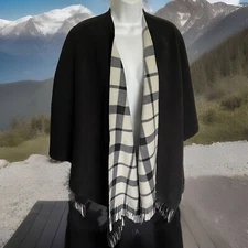 Eivissa Reversible Fleece Shawl/Cape Black Or Black/White Check One Size Cozy