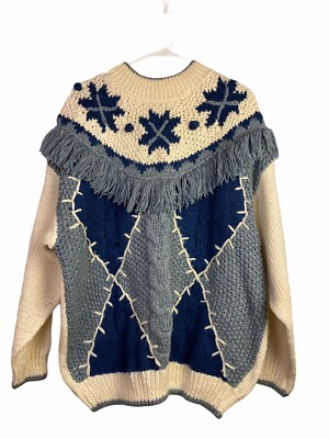 Vintage Gaudy 1980 s American Weekend Ivory Fringed Knotted Stitched Sweater 2X