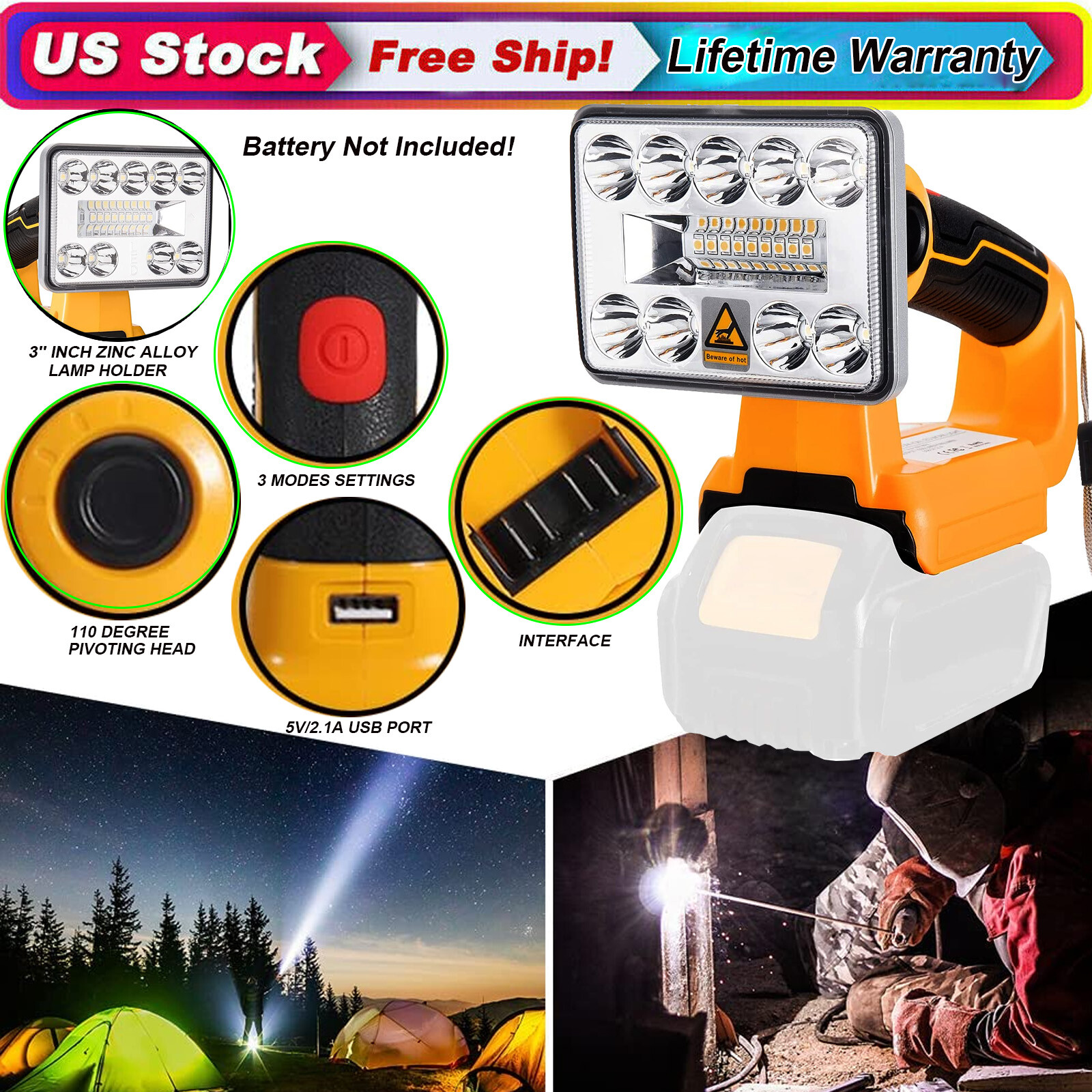 9W 1000LM LED Work Light For DeWalt 20V DCB205 Lithium Ion Battery Outdoor 6000K