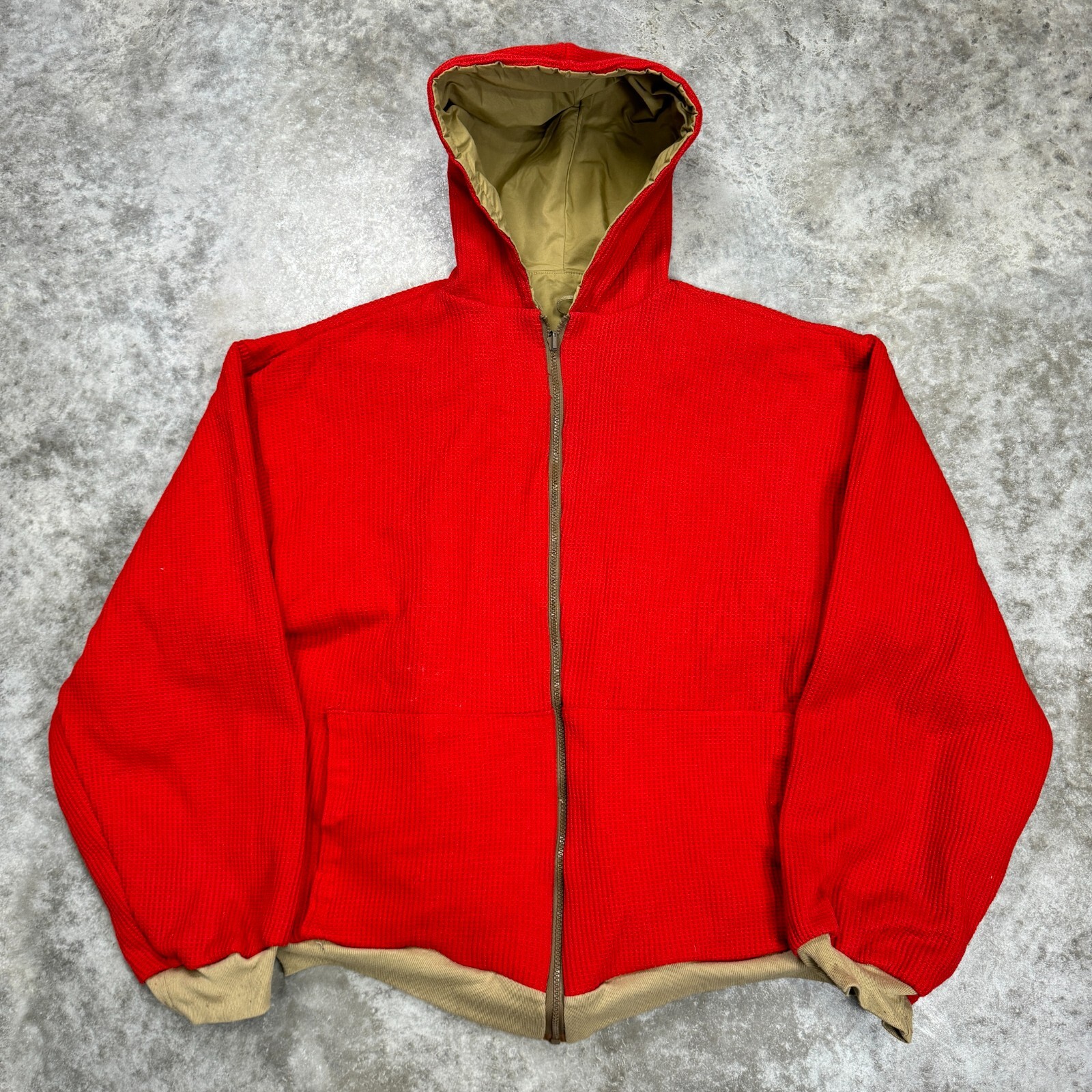 Vintage Russell Athletic reversible red waffle thermal knit jacket for men size XL made in USA