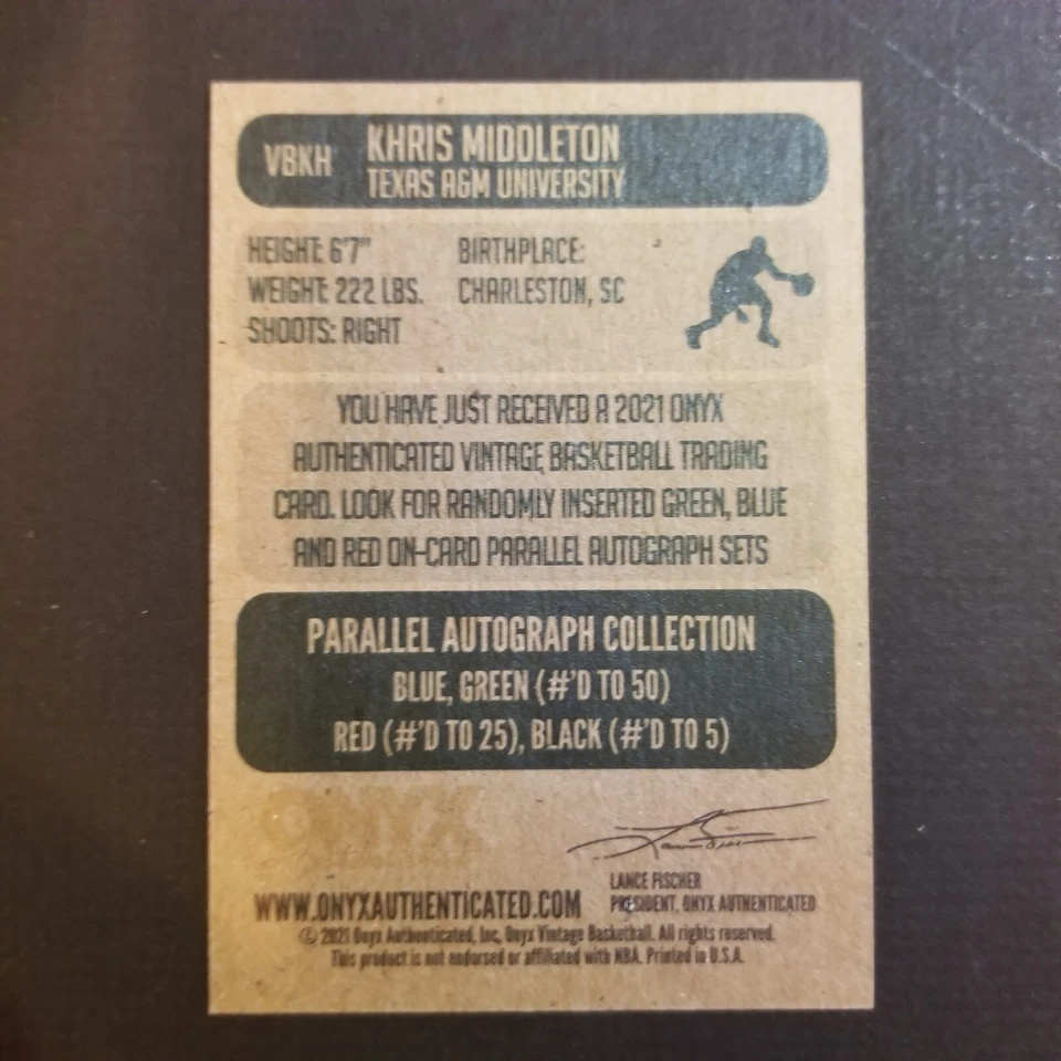 2021-22 Onyx Vintage Basketball KHRIS MIKKLETON Texas A&M Aggies Milwaukee BUCKS - Image 2 of 2