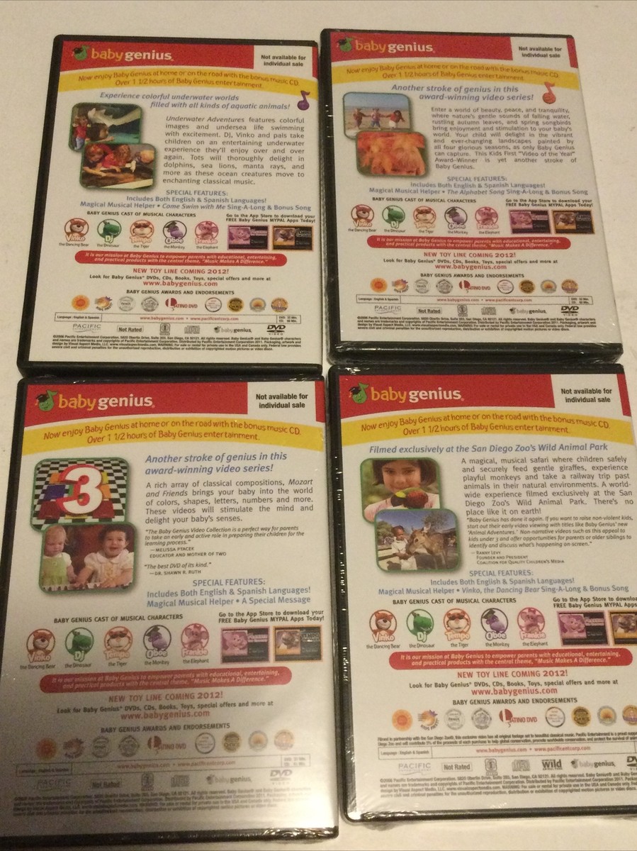 Set Of 4 BABY GENIUS MOZART AND FRIENDS Animal Underwater DVD CD 0