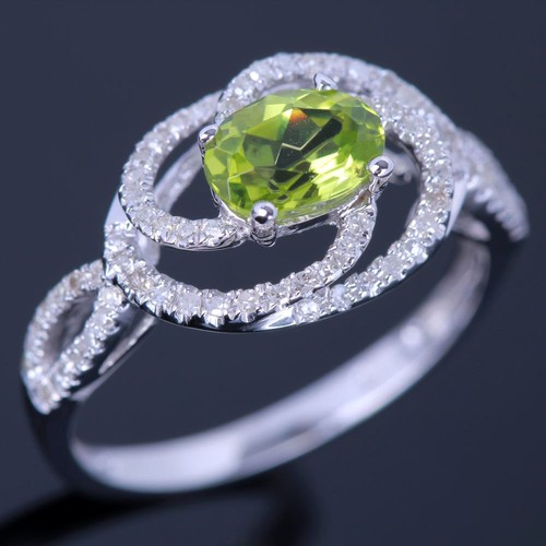 Fine Jewelry 7x5mm Oval Peridot Natural Diamonds Engagement Ring Sterling Silver - Picture 4 of 7