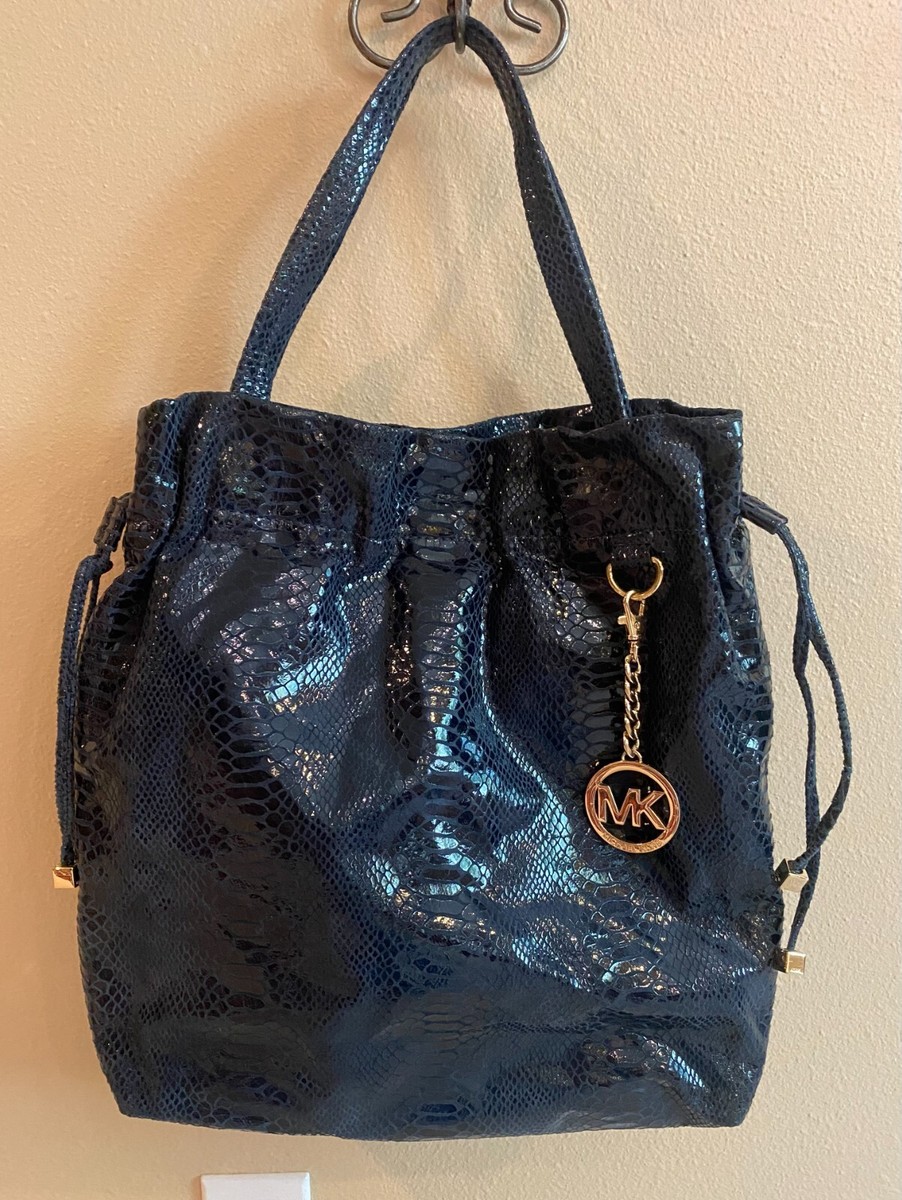 MICHAEL KORS Snakeskin Dark Navy leather Drawstring Tote Excellent