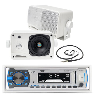 Pyle Marine 3.5'' Box 200W Speakers, Antenna, Pyle Marine White  AM FM USB  Radio