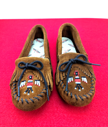 Minnetonka Womens Moccasins Thunderbird Beaded Brown Suede Leather Sole Size 5.5