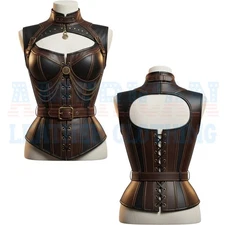 Gothic Steampunk Leather Corset Top Dark Brown Black Waist Cincher Vintage