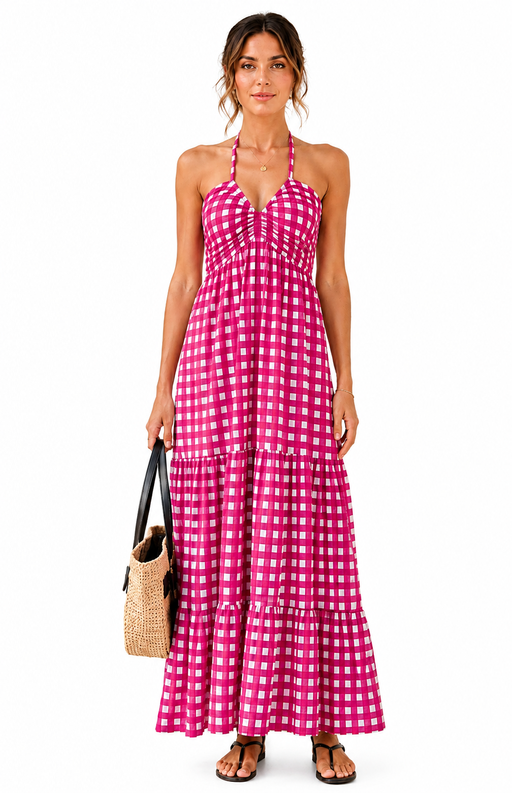 Women’s Gingham Check Halter Maxi Dress Sleeveless Summer Beach Holiday Vacation