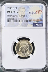 1943-D SILVER Jefferson War Nickel 5C NGC MS67 5FS Full Steps-TONED!