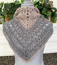 Crochet Triangle Shawl Shawlette Scarf Acrylic Alpaca Yarn Gray Taupe 48" x 21"