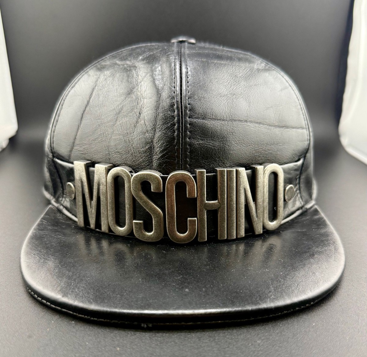 Moschino Black Leather Snapback Hat Large Logo Metal Letters Cap