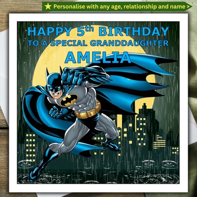 PEACHY IMPRESSIONS BATMAN BIRTHDAY CARD personalised AGE RELATIONSHIP NAME