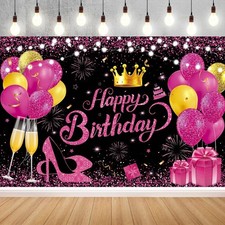 180x120 cm Glitter Black Hot Pink Golden Happy Birthday Party Photo Backdrop ...
