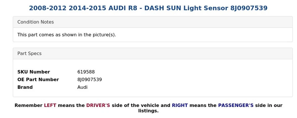 AUDI R8 2008-2012 2014-2015 - Sensor de luz solar para tablero 8J0907539 Foto 4 de 4