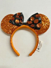 Disney Parks Minnie Mouse Ears Orange and Black Sequined Bow Headband Polka Dot