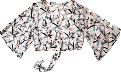 Salty Lemon Cropped Blouse Womens Med Beachy Floral Tie V-Neck Lightweight
