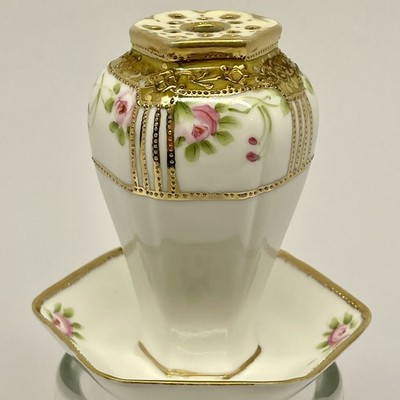 Antique Early 1900's Nippon Hatpin Holder w Tray Hand Painted Roses Raised Gold