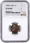 1909-S VDB XF40 NGC Lincoln Wheat Cent 1c San Francisco KEY DATE VDB