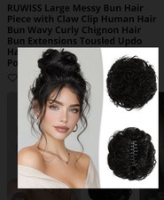 RUWISS Messy Bun Human Hair Extension Claw Clip Black Wavy Curly 4.25in