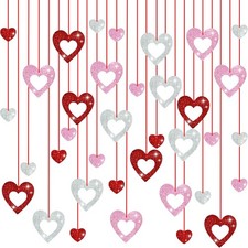 Valentines Decorations - Glitter Heart Day Hanging Red Pink Silver