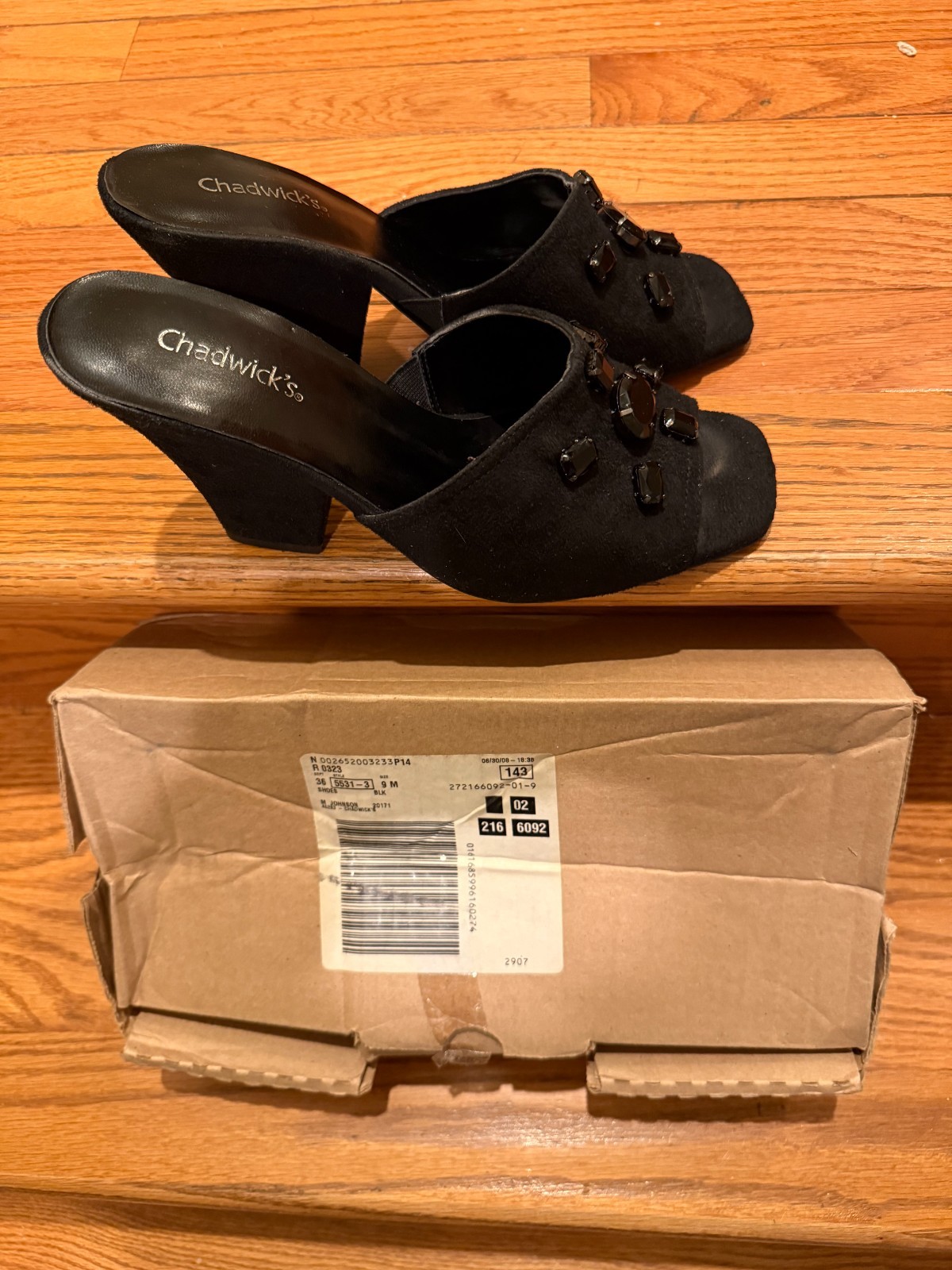 Chadwick’s Black Suede Jeweled Heeled Mules Slides Women’s Size 9M Square Toe Vi