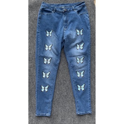 Custom Butterfly Print High Waisted Skinny Jeans Blue Denim Stretch Womens 1XL