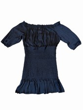 Naked Zebra Navy Blue Off-The-Shoulder Lucky Sisters Women's Smocked Dress Sz L