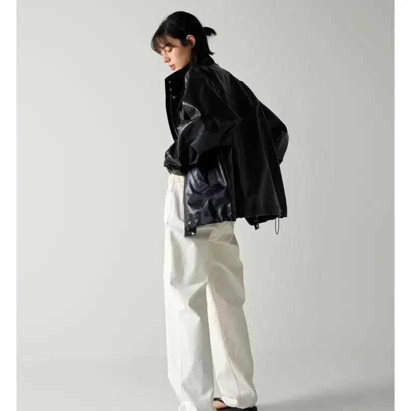 Black Facade Pattern Oversized Leather Jacket - image 1