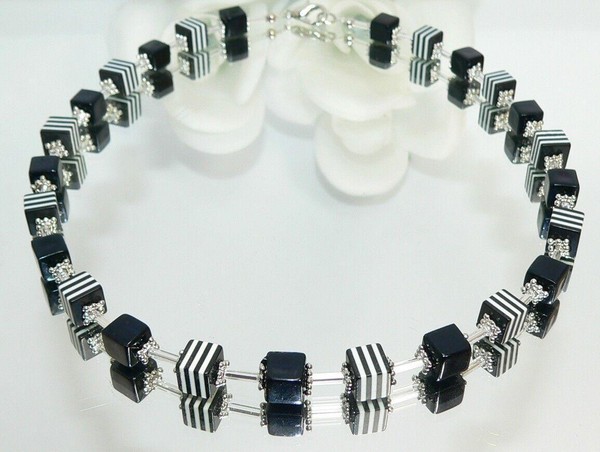 Halskette WüRfelkette Kette Cube WüRfel Schwarz Weiß Modeschmuck 120H-image